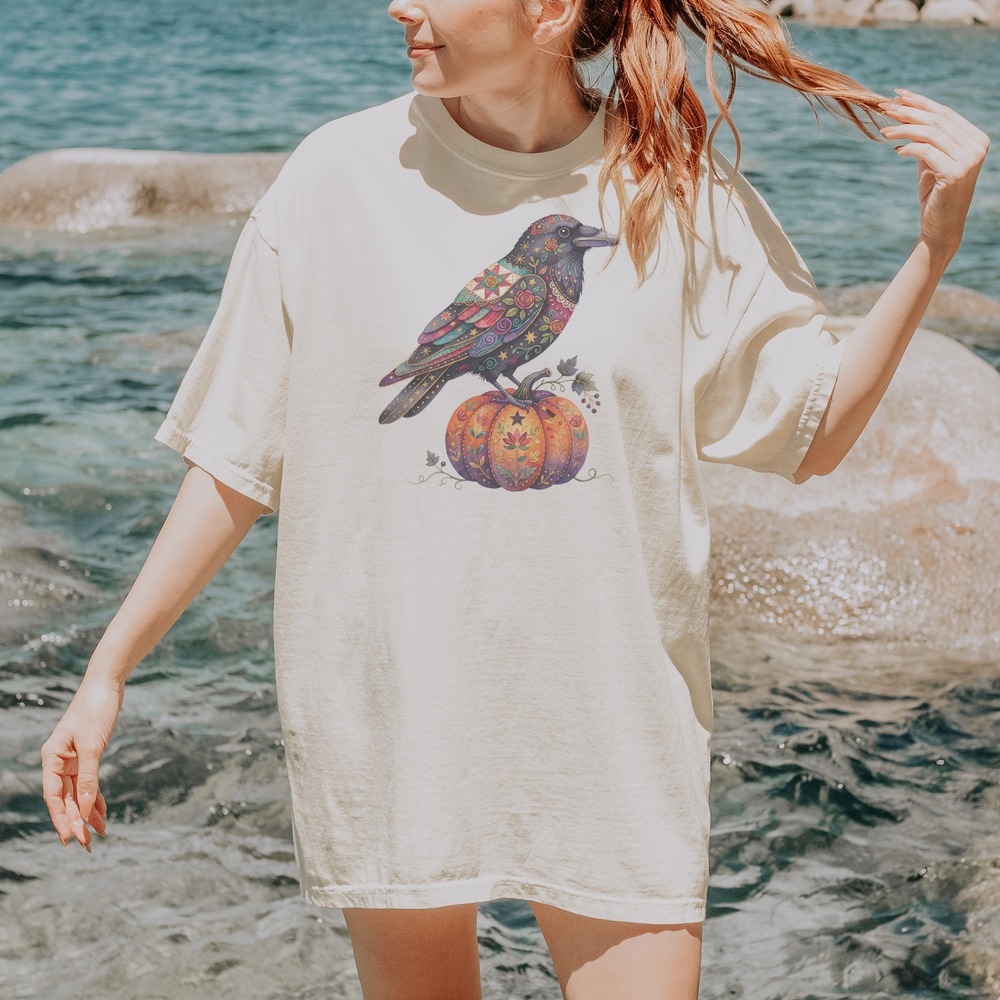 Folk Crow Perched on Patchwork Pumpkin Tee